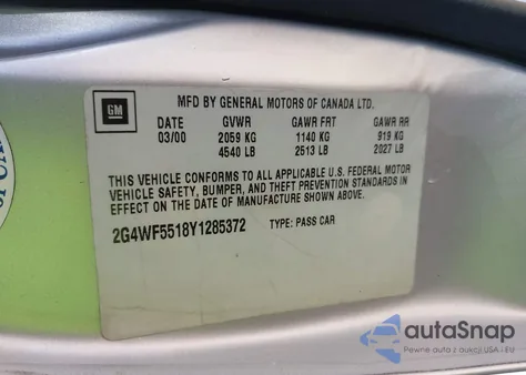 2000 Buick Regal Gs z USA, uszkodzony, nr VIN 2G4WF5518Y1285372